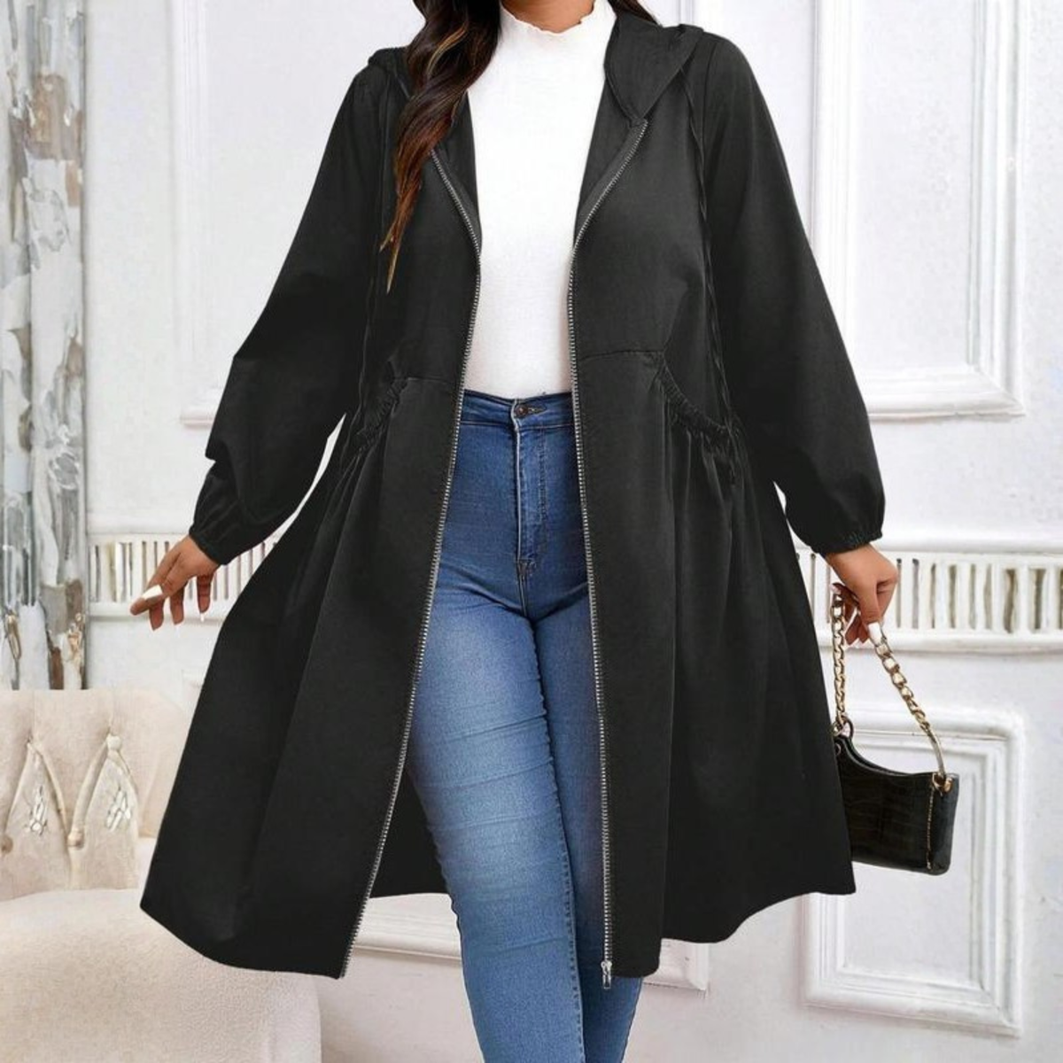 AVRIL™ - Casual Plus Size Drawstring Zip-Up Long Sleeve Hooded Coat