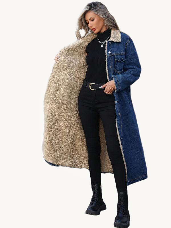 FLORA™ -  Elegant Women's Long Denim Jacket with Fleece Lining Single-Breasted