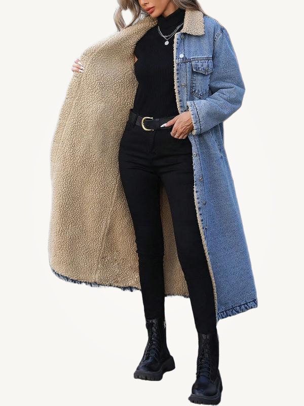FLORA™ -  Elegant Women's Long Denim Jacket with Fleece Lining Single-Breasted