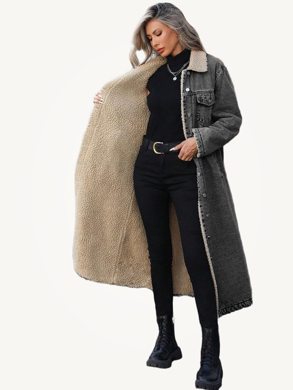 FLORA™ -  Elegant Women's Long Denim Jacket with Fleece Lining Single-Breasted
