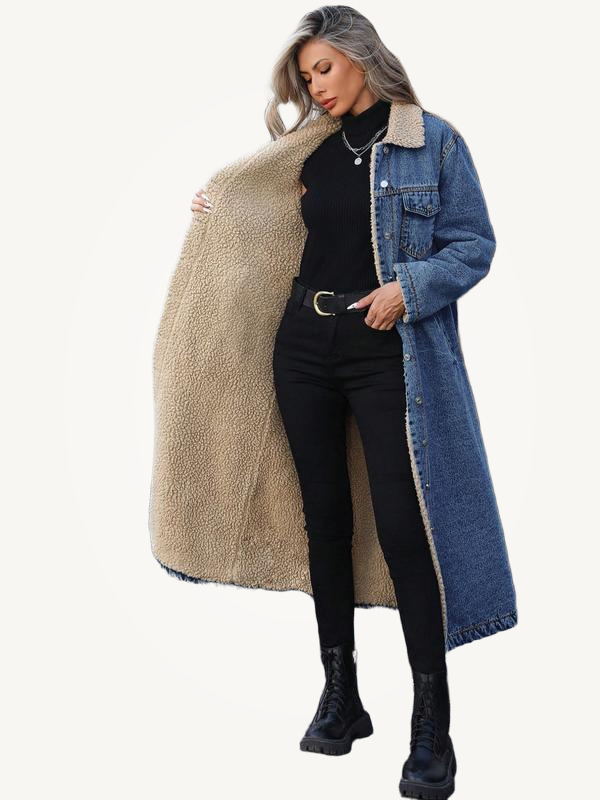 FLORA™ -  Elegant Women's Long Denim Jacket with Fleece Lining Single-Breasted