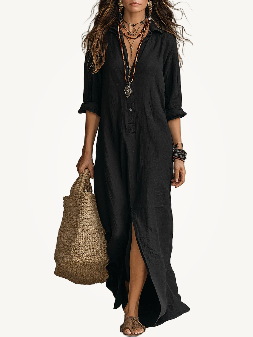 Mia | Long Black Maxi Dress with Buttons