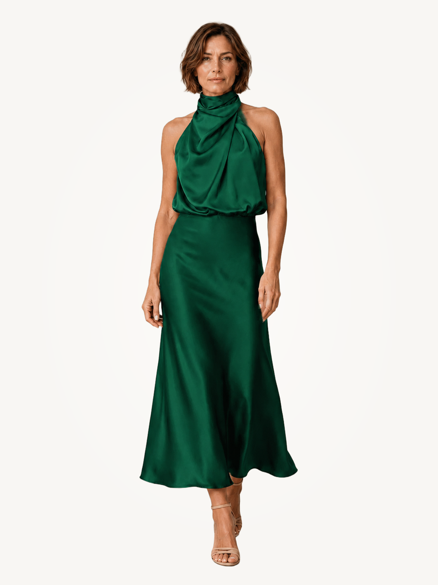 Sabine | Teal Satin Draped Halter-Neck Midi Dress