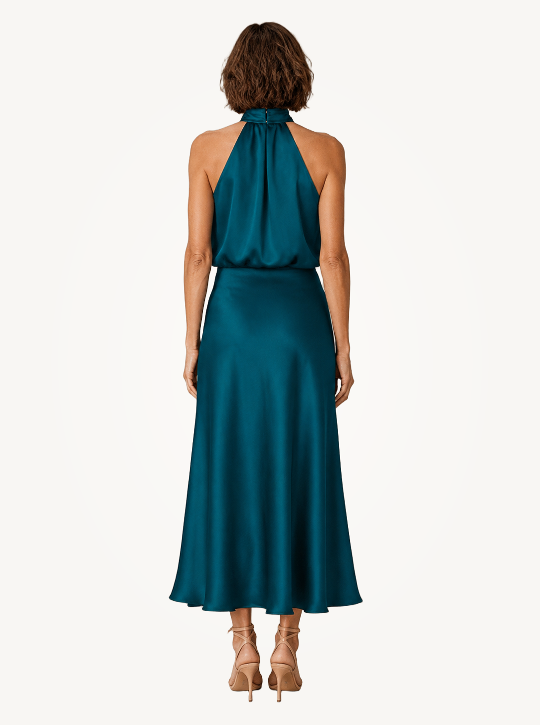 Sabine | Teal Satin Draped Halter-Neck Midi Dress