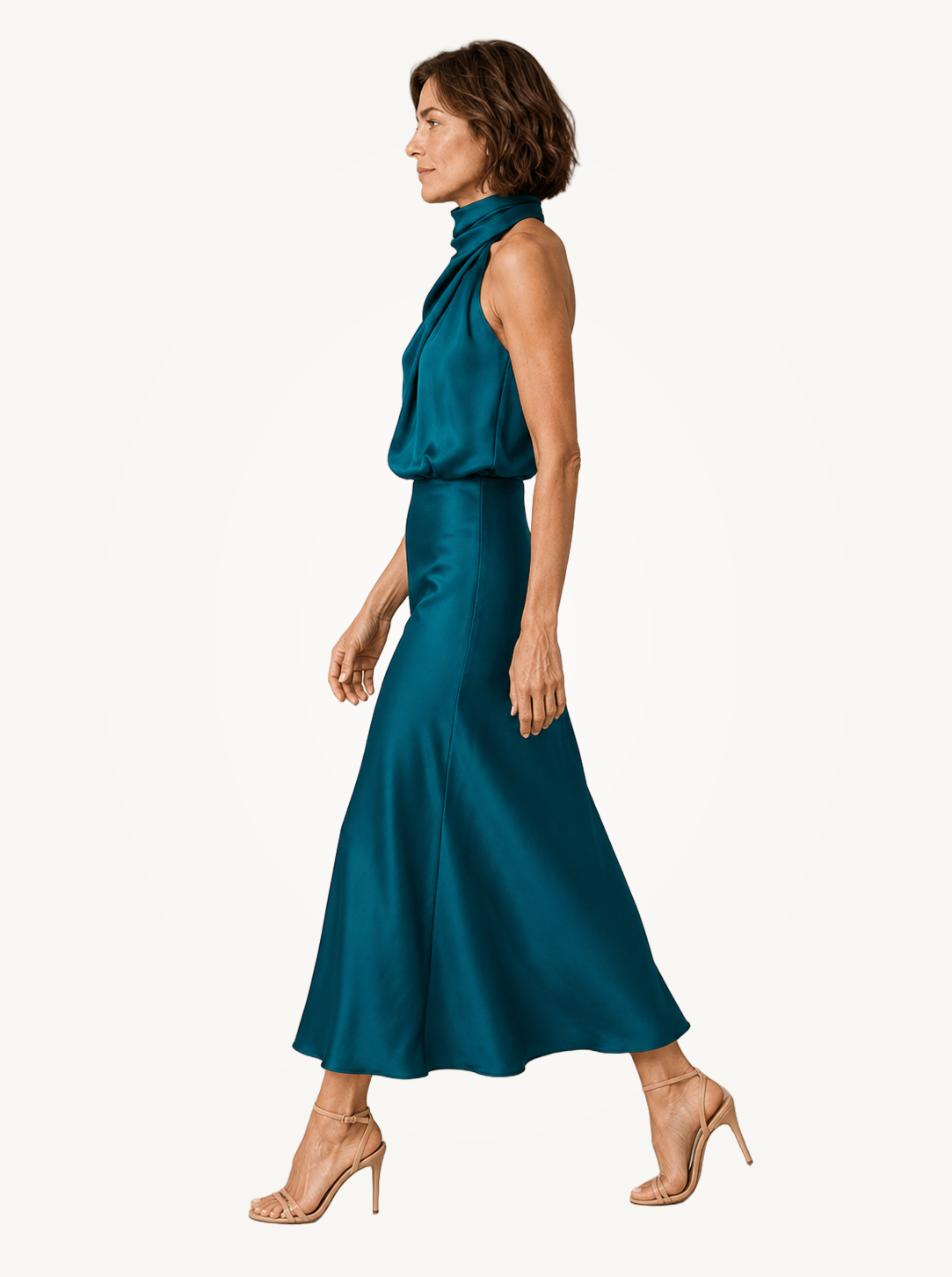 Sabine | Teal Satin Draped Halter-Neck Midi Dress