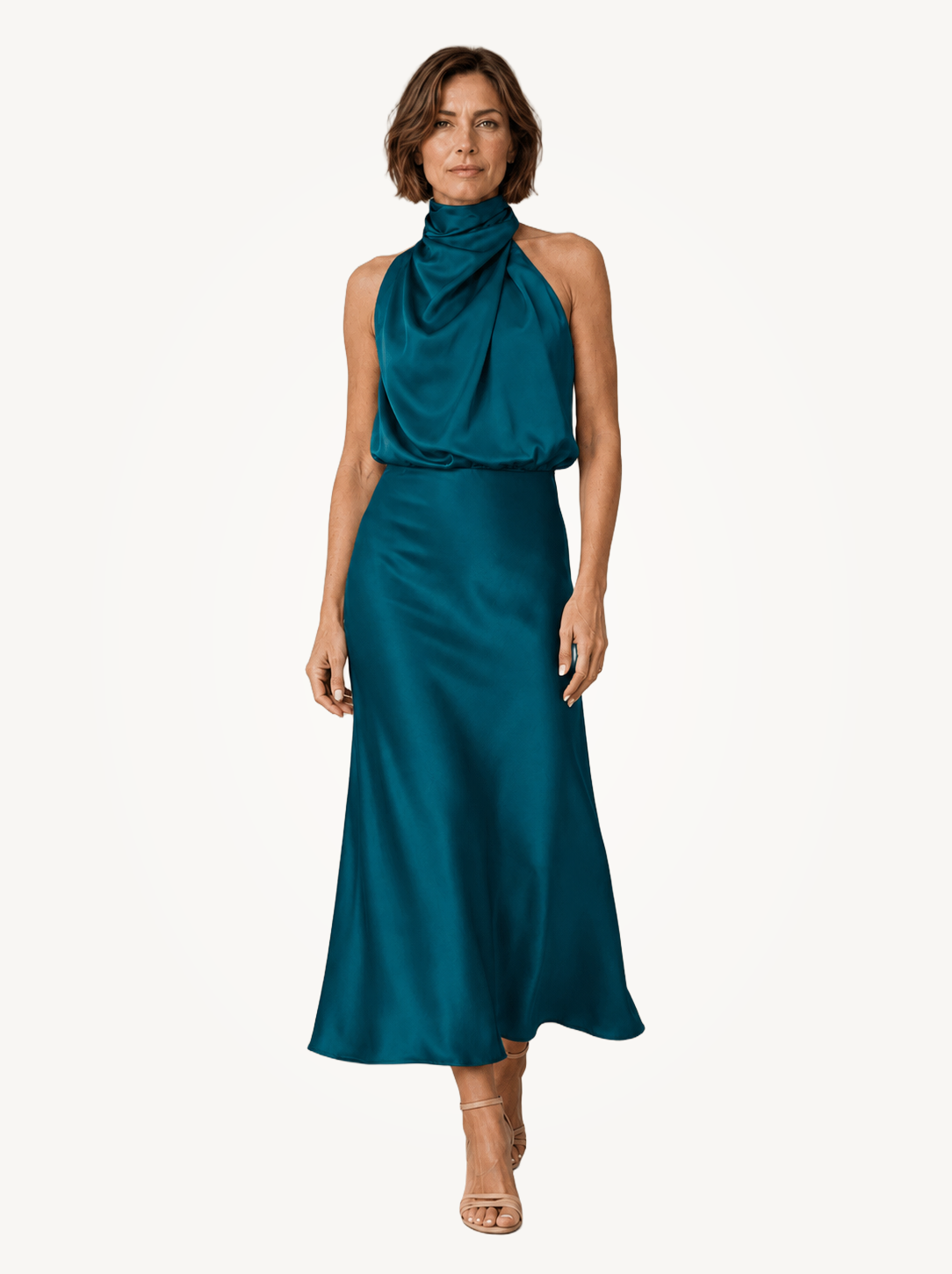 Sabine | Teal Satin Draped Halter-Neck Midi Dress