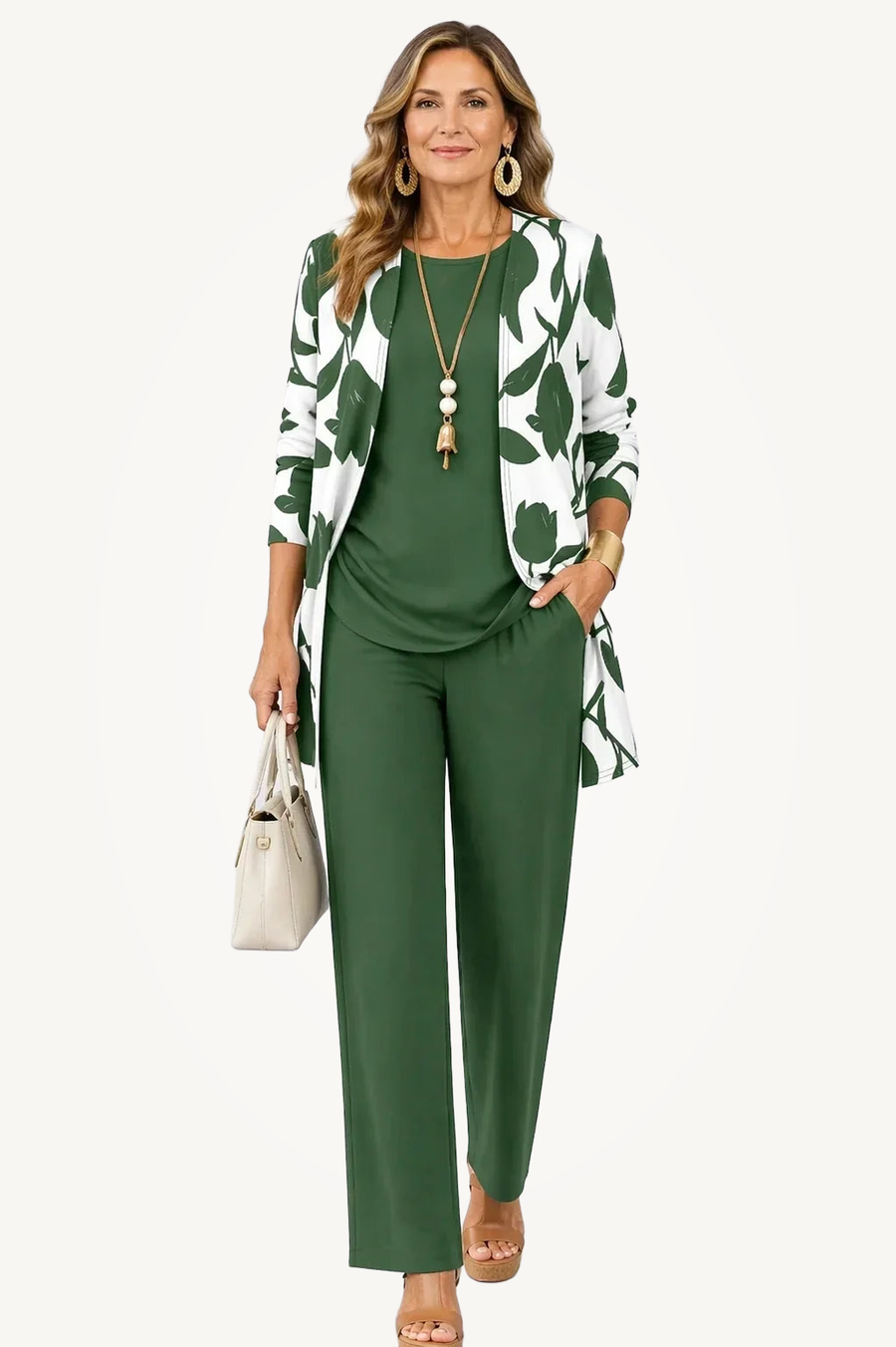 Verdana | Bottle Green Leaf-Print Three-Piece Set