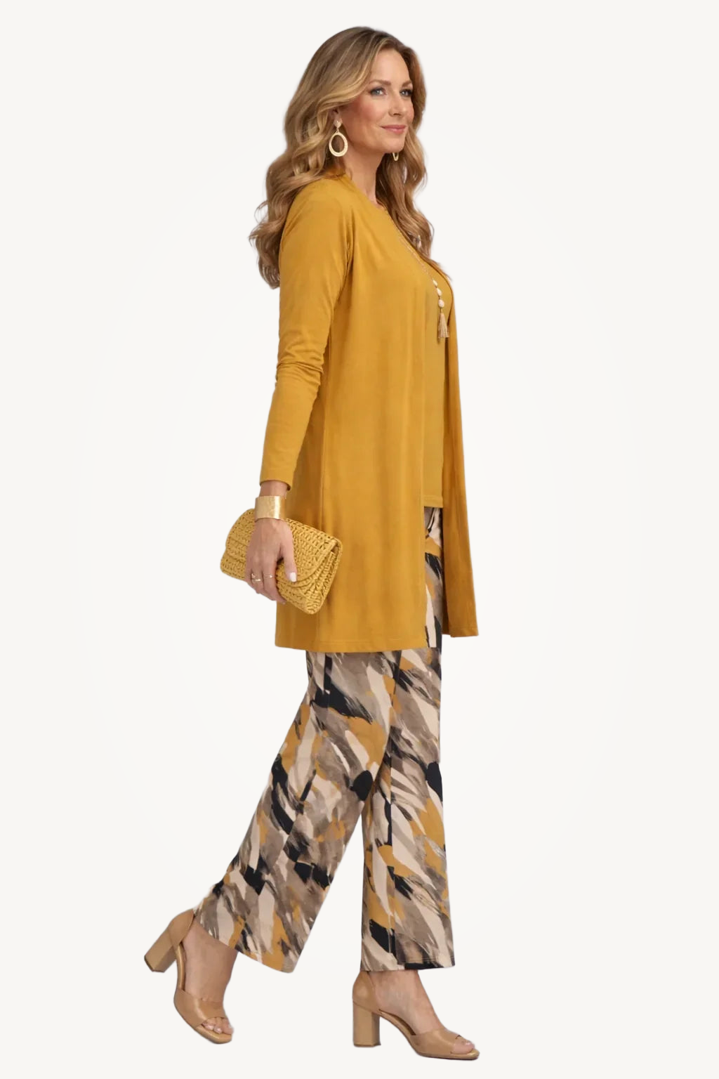 Honora | Mustard Three-Piece Set with Printed Trousers