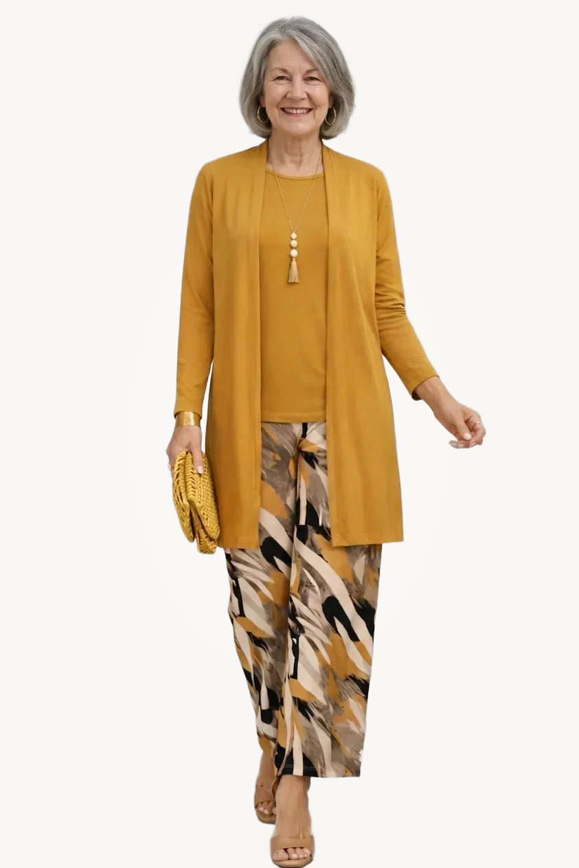 Honora | Mustard Three-Piece Set with Printed Trousers