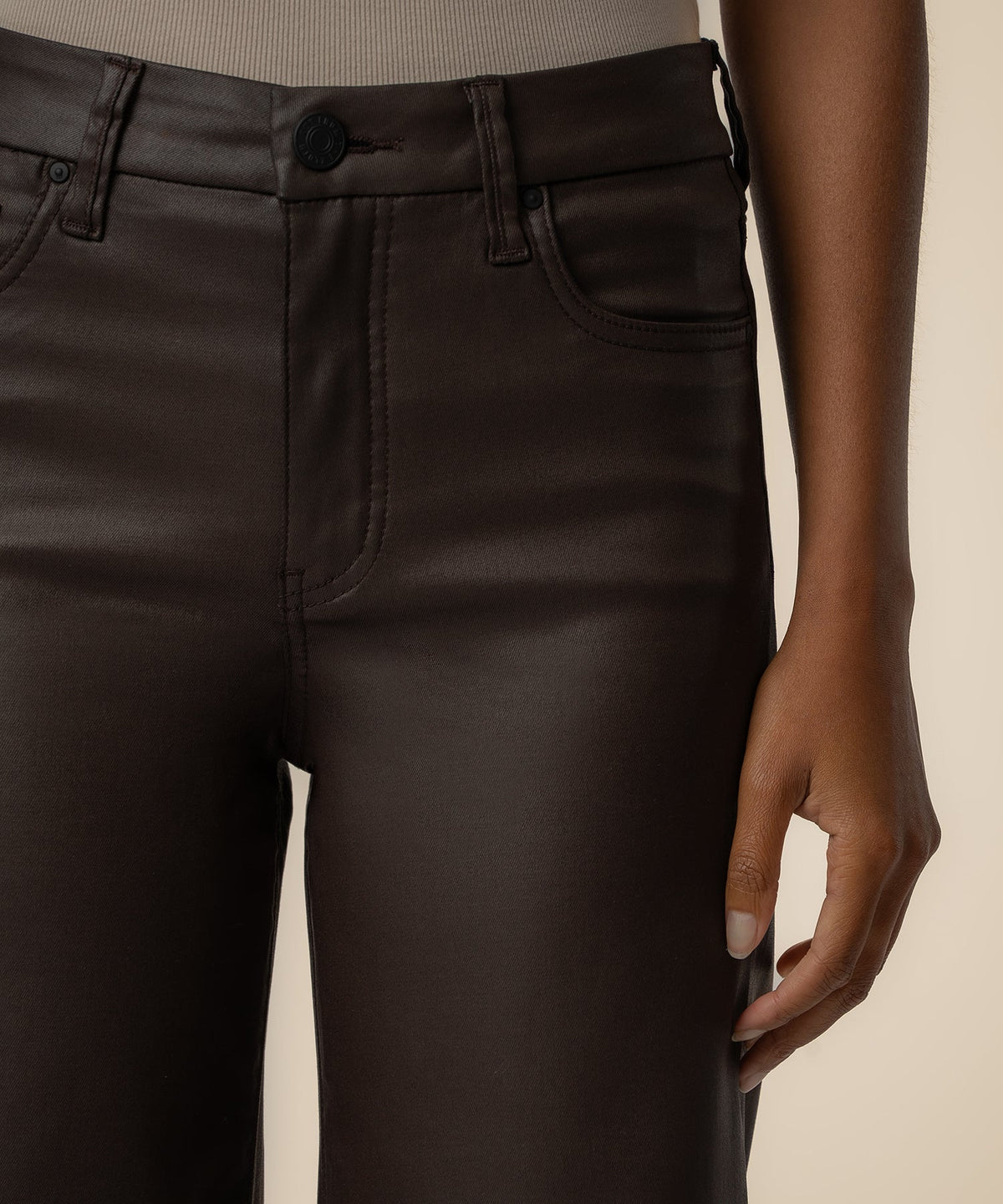 Meg Coated High Rise Wide Leg Long Petite in Chocolate