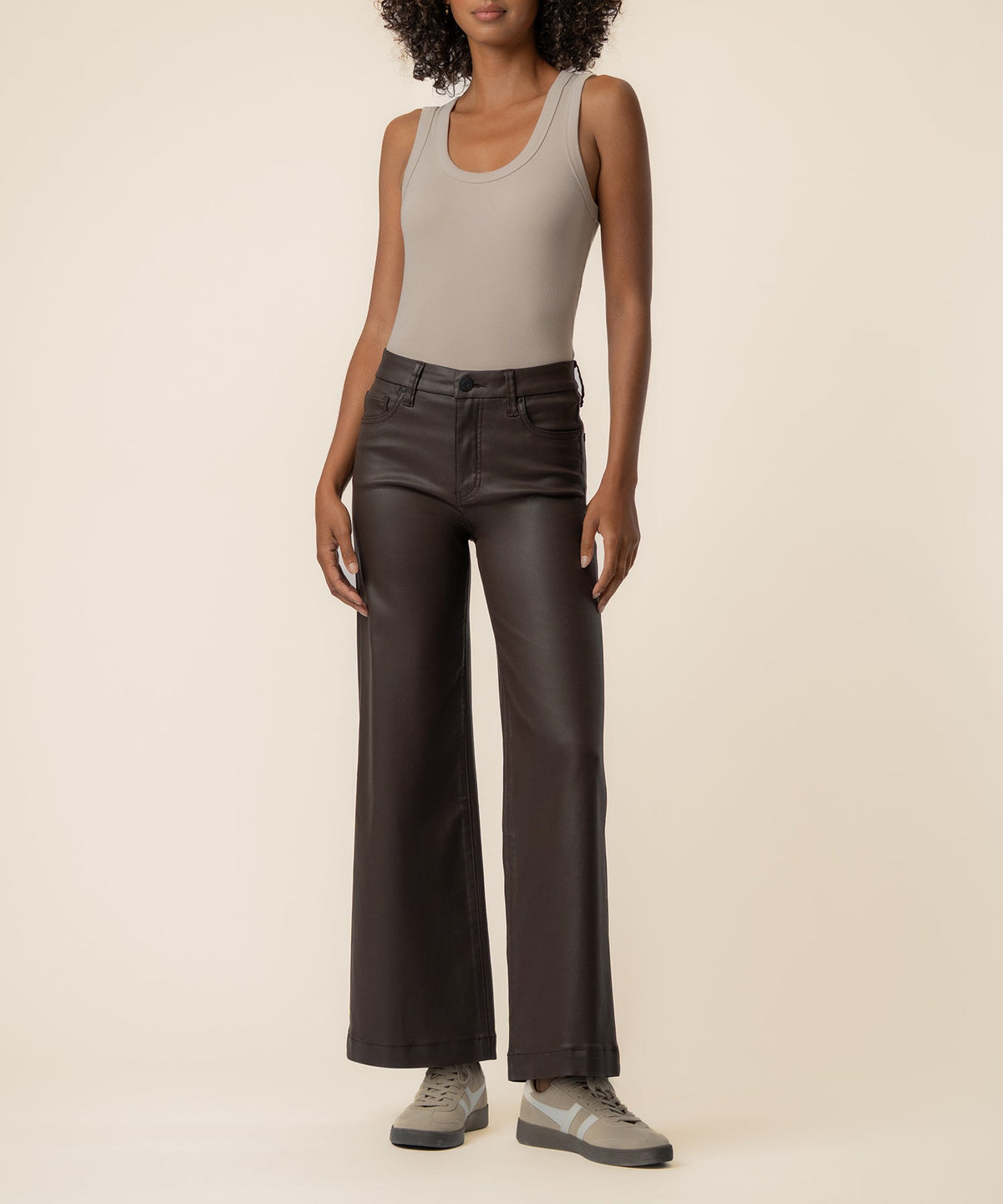 Meg Coated High Rise Wide Leg Long Petite in Chocolate
