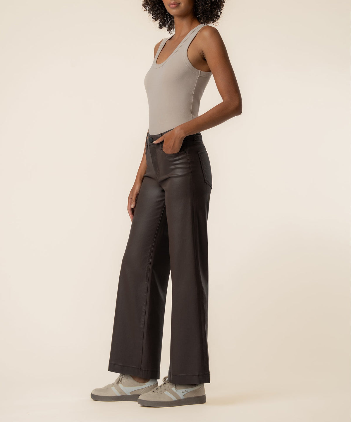 Meg Coated High Rise Wide Leg Long Petite in Chocolate