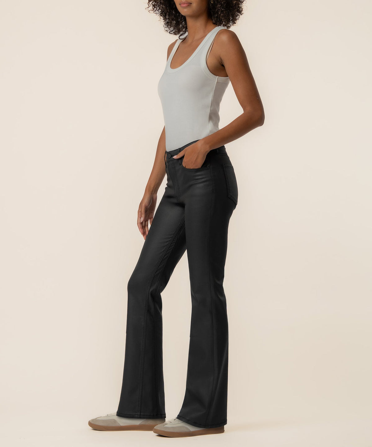 Kelly Coated High Rise Flare, Petite in Matte Black